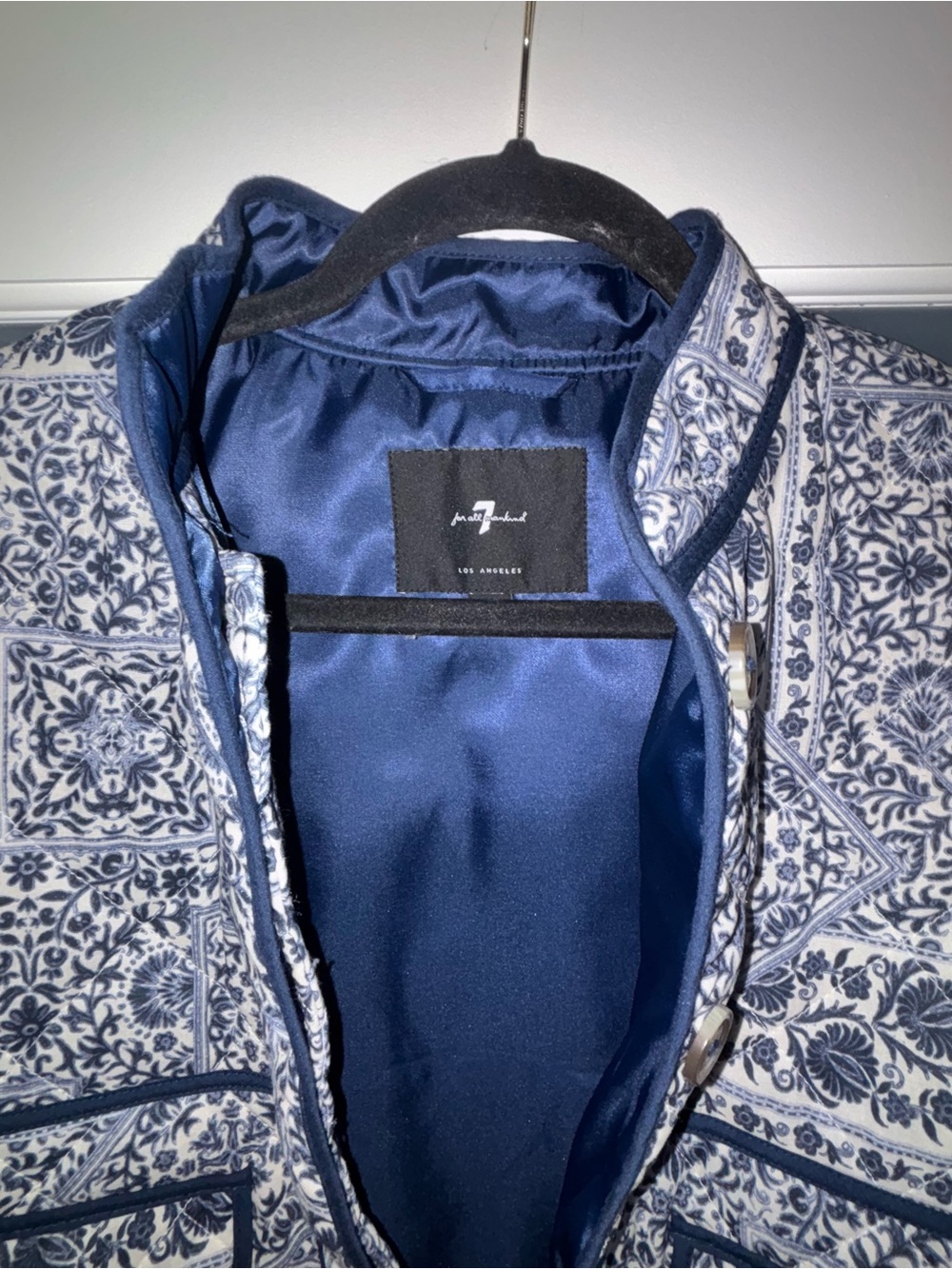 7 For All Mankind Blue and White Quilted Paisley Cropped Bomber Jacket